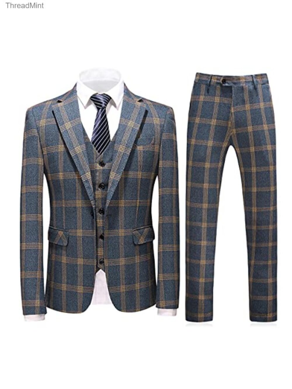 Men's 3 Piece Slim Fit Plaid Suit Set Jacket Vest Pants Formal Tuxedo